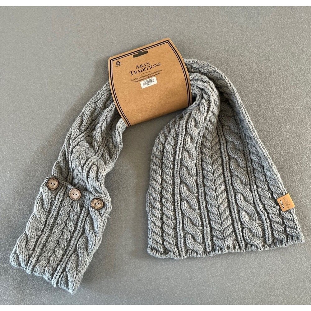 Aran Tradition Gray Cable Knit Button Wrap Scarf One Size NWT